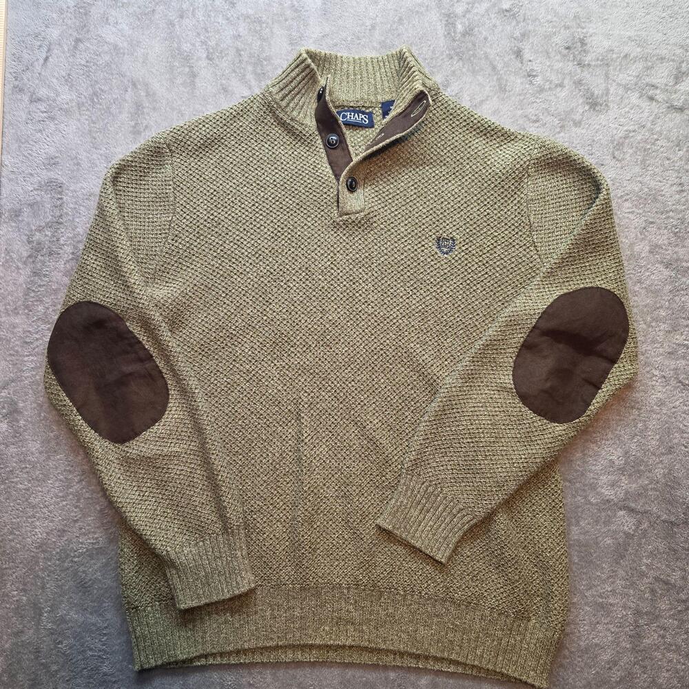 Chaps Sweater Mens M Green Mock Neck Thermal Waffle Knit Elbow Patches Pullover